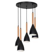Hanglamp Muza rond 5-lamps zwart/wit/hout licht