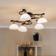 Plafondlamp Flora, 5 glazen kappen, zwart/messing