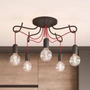 Lucande Jorna plafondlamp, 5-lamps, kabel rood