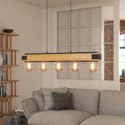Layham hanglamp, zwart/licht hout, lengte 96 cm, 5-lamps.