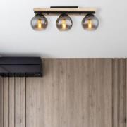 Conni plafondlamp, lengte 60 cm, rookgrijs, hout/glas, 3-lamps.