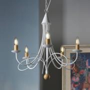 Kroonluchter Milvia, 5-lamps, wit/houtkleur, metaal